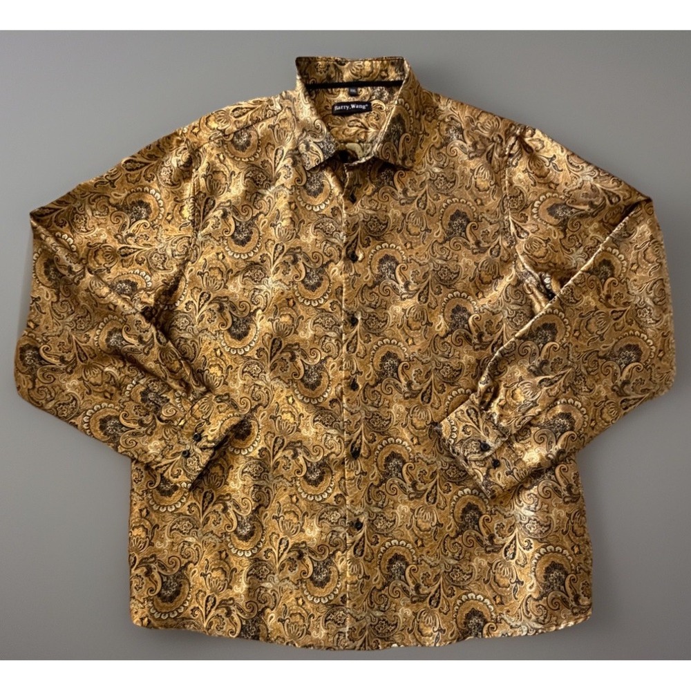 Barry Wang Long Sleeve Button Down Shirt Gold Black Paisley Silk XXL JBHS